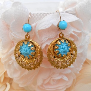 Boucles D'oreilles Vintage Dorées Avec Pendentif Bleu - Style Rétro Chic - Neuf Avec étiquettes